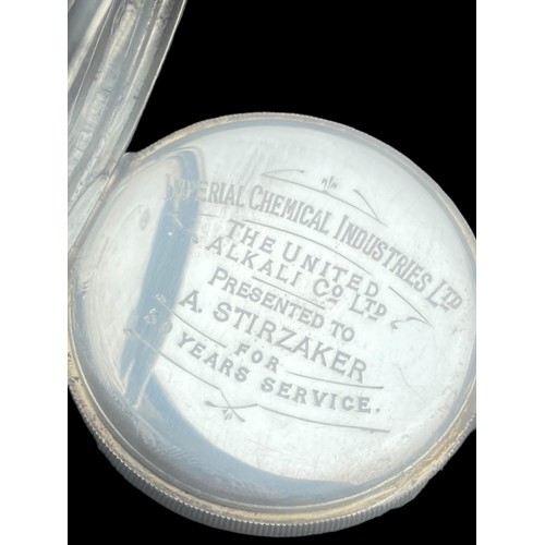 528 - A BIRMINGHAM SILVER POCKET WATCH DATED 1929 BY DENNISON WATCH CASE CO PRESENTED TO A.STIRZAKER FOR 5... 