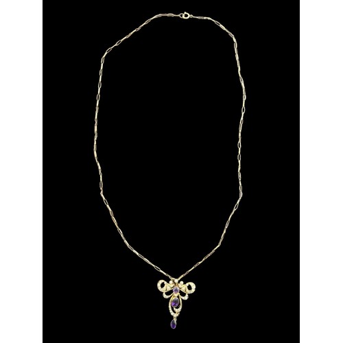 577 - A BEAUTIFUL 9CT AMETHYST & PEARL PENDANT ON A 9CT GOLD CHAIN