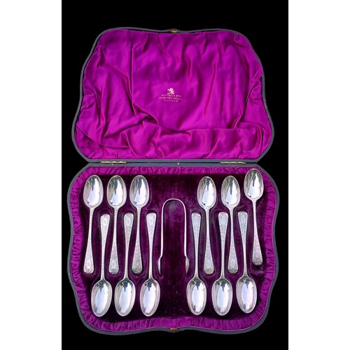 542 - A STUNNING LONDON SILVER TEA SERVICE OF 12 TEASPOONS  AND MATCHING SUGAR TONS IN FITTED BOX 140.4grm
