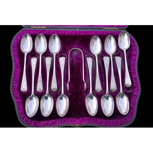 542 - A STUNNING LONDON SILVER TEA SERVICE OF 12 TEASPOONS  AND MATCHING SUGAR TONS IN FITTED BOX 140.4grm