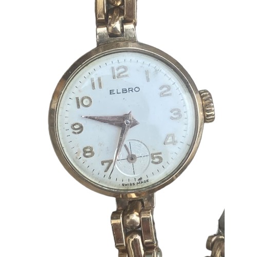 553 - A VINTAGE ELBRO 9ct GOLD WATCH WITH A ROLLED GOLD AND STAINLESS STEEL BRACELET P.W.O