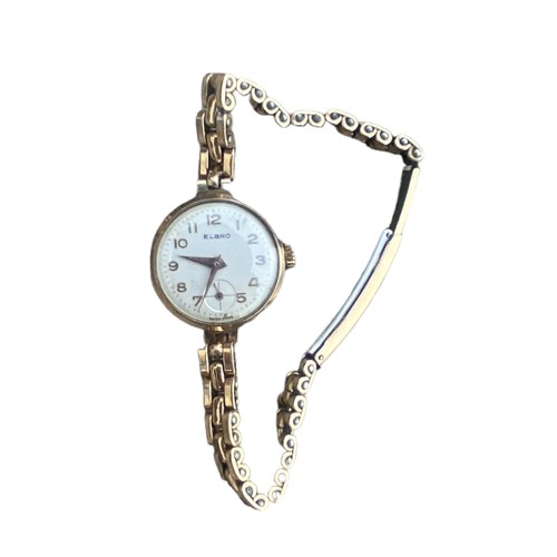 553 - A VINTAGE ELBRO 9ct GOLD WATCH WITH A ROLLED GOLD AND STAINLESS STEEL BRACELET P.W.O