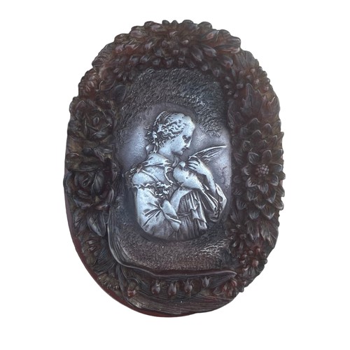 561 - A FINE 19th CENTURY FRENCH AMBER TRINKET BOX WITH SILVER INLAY SIGNED TO BASE DANBIERE PARIS