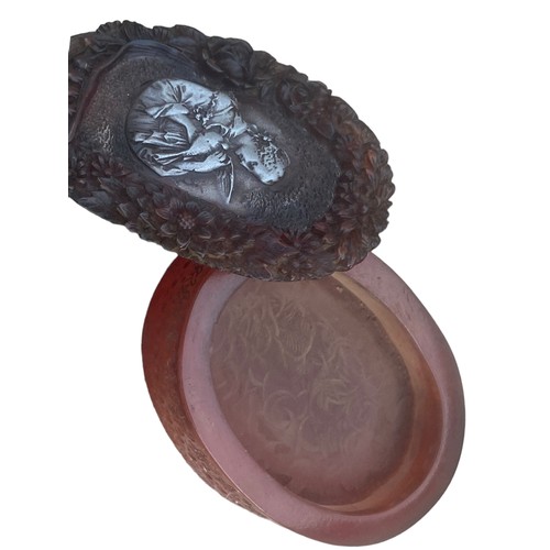 561 - A FINE 19th CENTURY FRENCH AMBER TRINKET BOX WITH SILVER INLAY SIGNED TO BASE DANBIERE PARIS