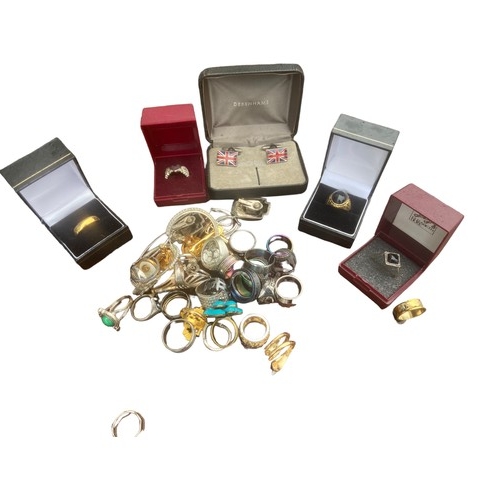 18 - A JOB LOT OF COSTUME JEWELLERY  RINGS , EARRINGS AND CUFFLINKS