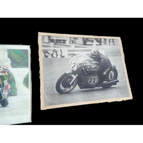 8 - COLLECTION OF MOTORBIKE PRINTS AND PAINTINGS TO INCLUDE SIGNED ITEMS