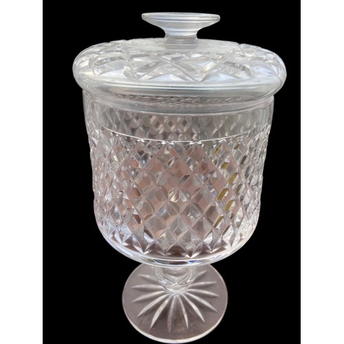 165 - A CAVAN BON BON JAR & LID & A BEAUTIFUL CRYSTAL CANDLE LANTERN