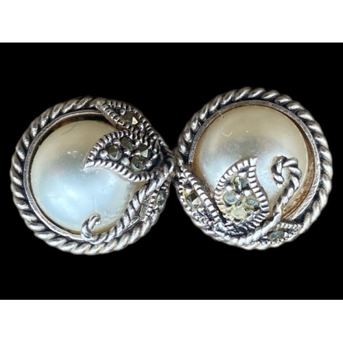 201 - AN ORNATE SILVER & MARACASITE PEARL SET EARRINGS