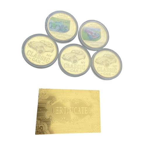 212 - A SET OF 5 ANTIQUE CLASSIC CAR COINS IN 24ct GOLD PLATE