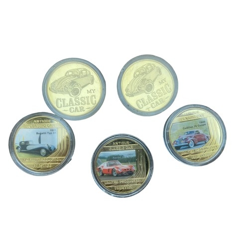 212 - A SET OF 5 ANTIQUE CLASSIC CAR COINS IN 24ct GOLD PLATE