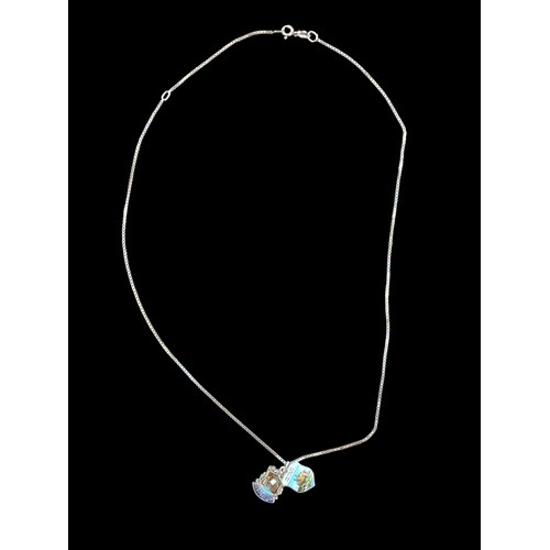 215 - A SILVER CHAIN WITH 2 ENAMEL CREST CHARMS