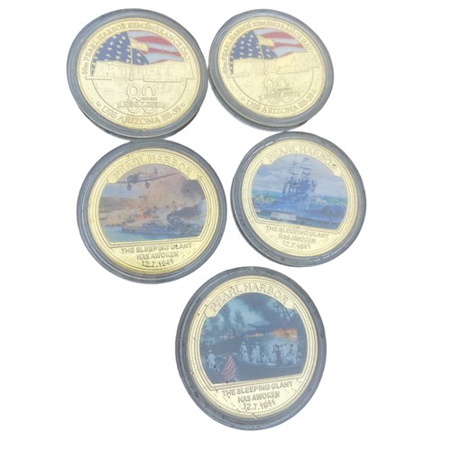 217 - A SET OF 5 24ct GOLD PLATED COINS COMMEMERATING 80th ANNIVERSARY OF PEARL HARBOUR