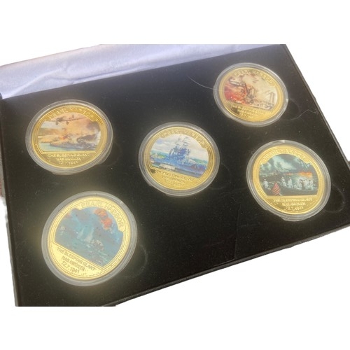 217 - A SET OF 5 24ct GOLD PLATED COINS COMMEMERATING 80th ANNIVERSARY OF PEARL HARBOUR