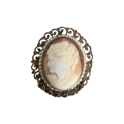 228 - A SILVER ANDMOPCAMEO BROOCH ,VICTORIAN SILVER HAT PIN ;FILAGREE CAMEO BROOCH WITH PEARL AND ANOTHER ... 