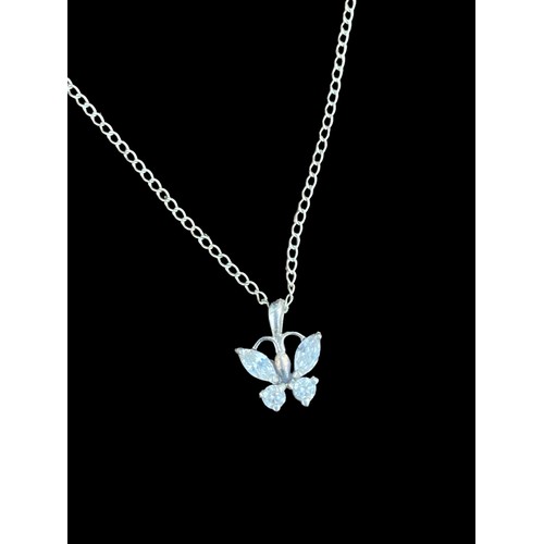 249 - A SILVER GEM SET BUTTERFLY PENDANT ON A SILVER CHAIN