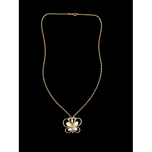 258 - A SILVER DSIGNER STYLE LARGE GOLD PLATED SILVER GEM SET BUTTERFLY PENDANT ON A SILVER CHAIN