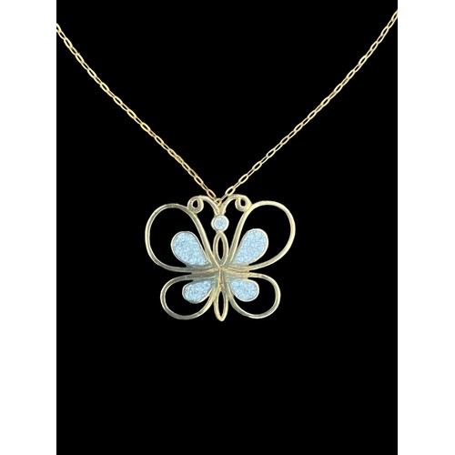 258 - A SILVER DSIGNER STYLE LARGE GOLD PLATED SILVER GEM SET BUTTERFLY PENDANT ON A SILVER CHAIN