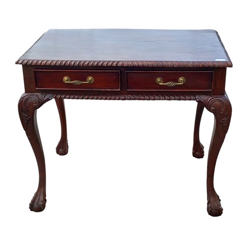 294 - MAHOGANY CONSOL TABLE 2 DRAWER ROPE EDGE ON BALL AND CLAW FOOT