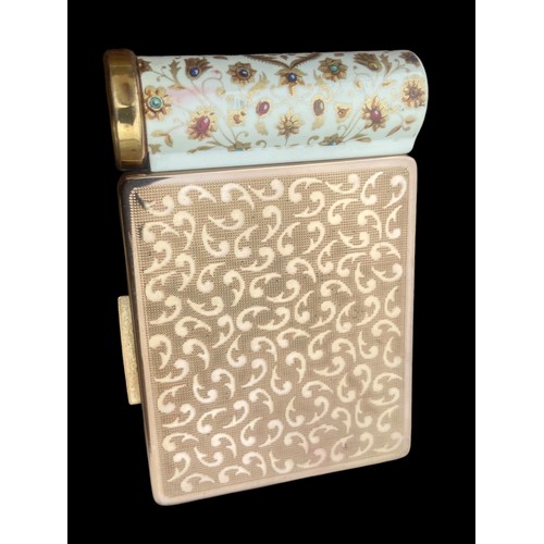 389 - A STUNNING ENAMELLED FINISHED COMPACT & LIPSTICK HOLDER BY STRATTON OF LONDON (IN PERFECT CONDITION)