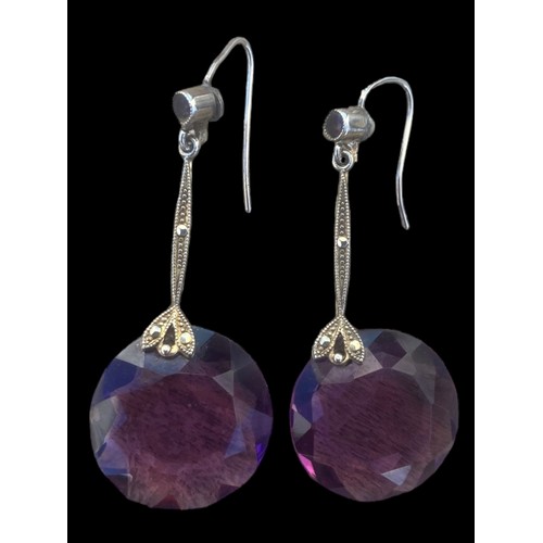 431 - A 1930s STYLE SILVER,MARCASITE AND AMETHYST EARRINGS (BOXED)