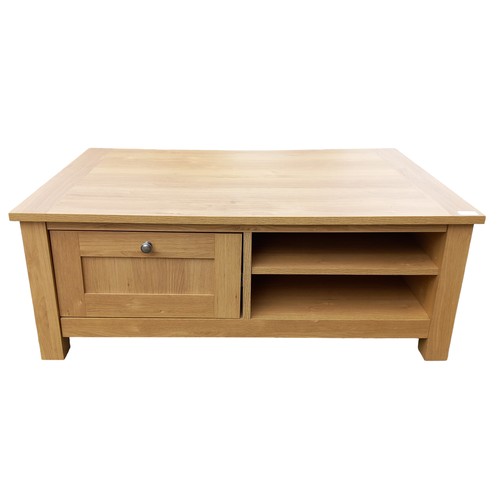 448 - OAK COFFEE TABLE WITH DOUBLE SIDED CUPBOARD AND SHELVING