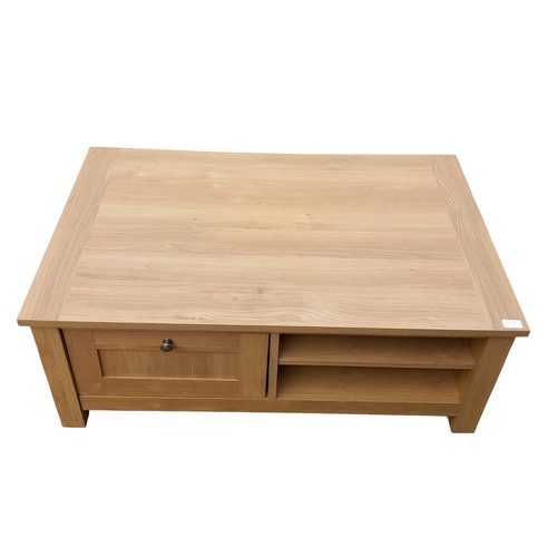 448 - OAK COFFEE TABLE WITH DOUBLE SIDED CUPBOARD AND SHELVING