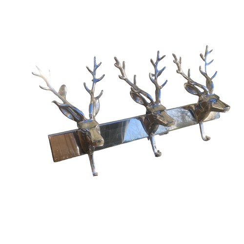 455 - A NEW POLISHED CHROME COAT RACK WITH 3 STAG HEADS AS HANGERS 22