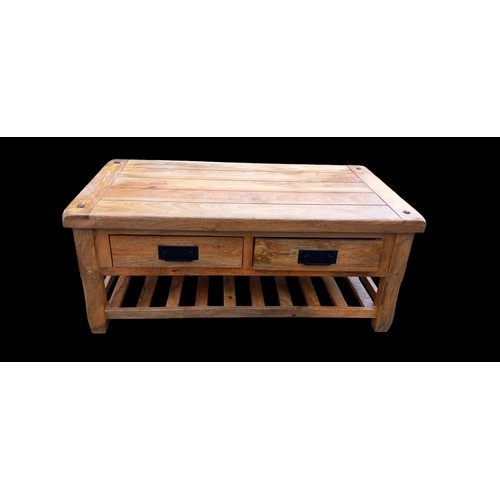 458 - HEAVY OAK COFFEE TABLE WITH DOUBLE SIDED DRAWERS