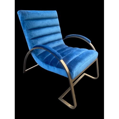 459 - A BRAND NEW BLUE VELVET ARMCHAIR WITH A BRONZED FINISHED FRAME (SLIGHT TRANSIT MARK AS PHOTOGRAPHED)