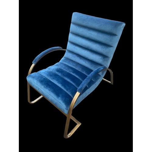 459 - A BRAND NEW BLUE VELVET ARMCHAIR WITH A BRONZED FINISHED FRAME (SLIGHT TRANSIT MARK AS PHOTOGRAPHED)