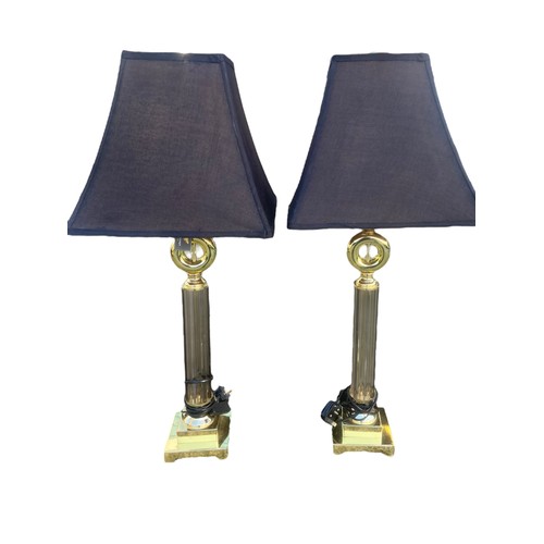 585 - A NEW PAIR OF DESIGNER GLASS AND BRASS FINISH TABLE LAMPS WITH NEW BLACK SHADES 34