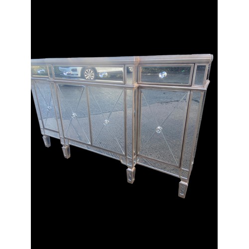 603 - A STUNNING BRAND NEW MIRRORED SIDEBOARD 3 DRAWER 4 DOOR WITH A GILT TRIM AND CRYSTAL HANDLES 63/39/1... 