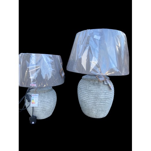 621 - 2 NEW GRADUATED STONE LOOK TABLE LAMPS WITH NEW SHADES