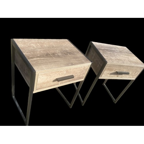 463 - A PAIR OF WASHED EFFECT SIDE TABLES WITH BLACK METAL FRAMES