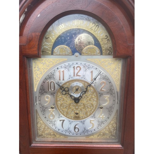 644 - A MODERN TRIPLE WEIGHT MAHOGANY CASED GRANDFATHER CLOCK WITH MOVING FACE