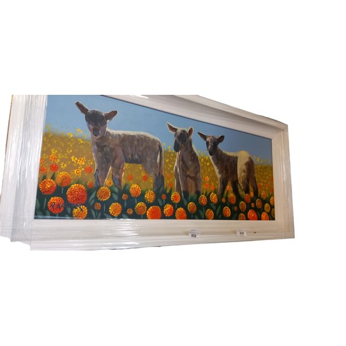 618 - AN OIL ON CANVAS  MEADOW LAMBS BY R KEEFER 16X34