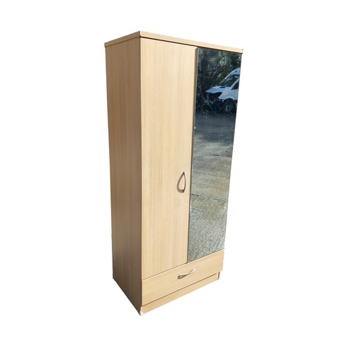 651 - BEECH MIRRORED DOUBLE ROBE WITH DRAWER