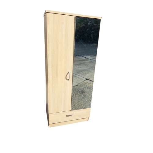 651 - BEECH MIRRORED DOUBLE ROBE WITH DRAWER