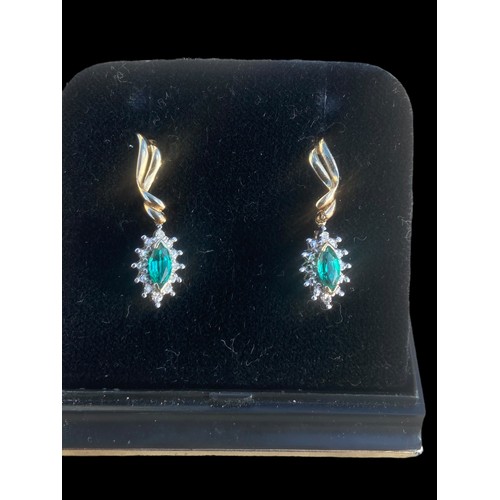 530A - 10k  GOLD EMERALD AND DIAMOND EARRINGS