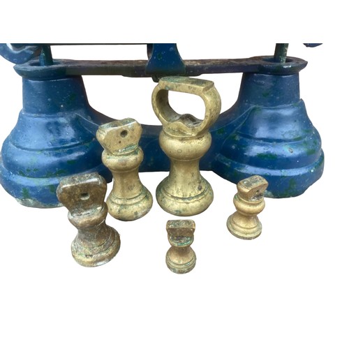 44 - A SET OF BRASS AND CAST SCALES AND WEIGHTS