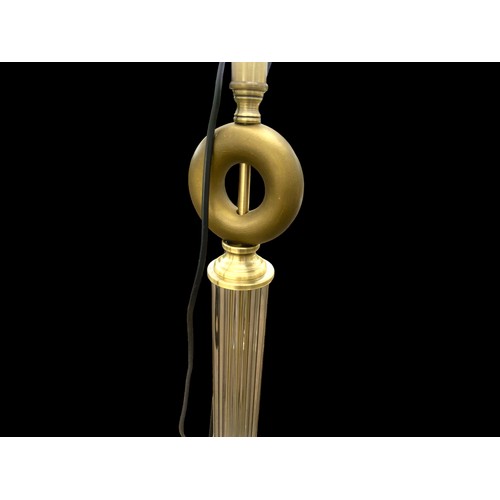 48 - A NEW BRASS FINISH STANDARD LAMP WITH GLASS CEATRE PIECE AND NEW GREEN SHADE