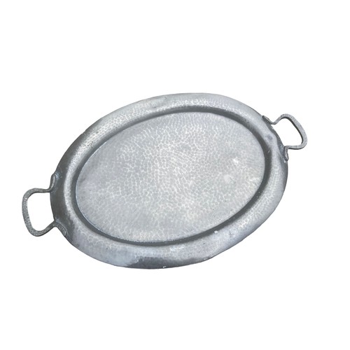 140 - A LARGE OVAL BATTLE AXE ENGLISH PEWTER TRAY 21