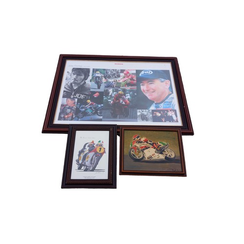 92 - LARGE JOEY DUNLOP FRAMED PITURE AND 2 OTHER MOTOR BIKE PICTURES