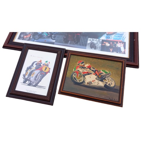 92 - LARGE JOEY DUNLOP FRAMED PITURE AND 2 OTHER MOTOR BIKE PICTURES