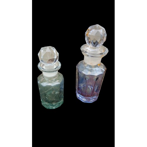 111 - 2 BEAUTIFUL COLOUR GLASS PERFUME BOTTLES