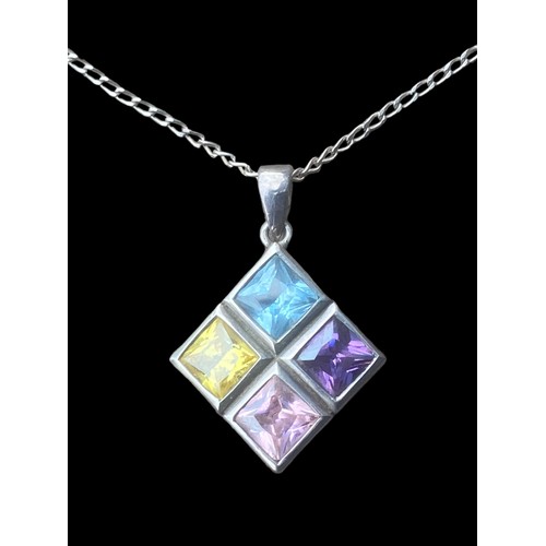 205 - A SILVER PENDANT SET WITH 4 COLOURED STONES ON A SILVER CHAIN