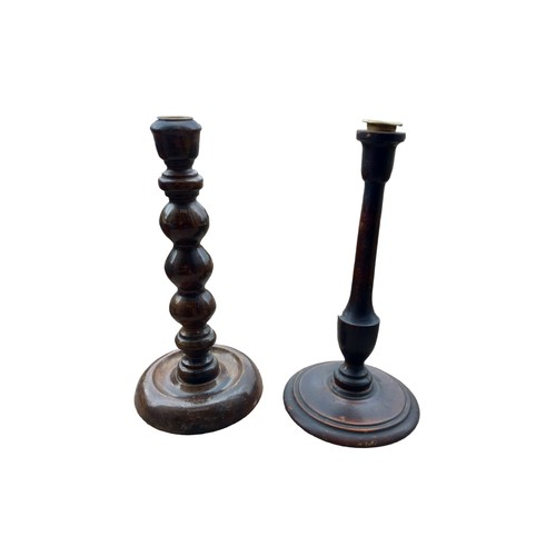 582 - 2 HAND TURNED WOOD CANDLE STICKS