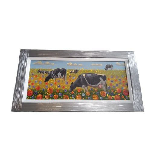 190A - CATTLE IN FULL BLOOM AN ORIGINAL OIL PAINTING BY R .KEEFER 18.5  x 36