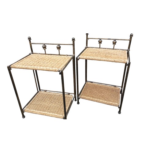 72 - PAIR OF 2 TIER METAL AND WICKER SIDE TABLES