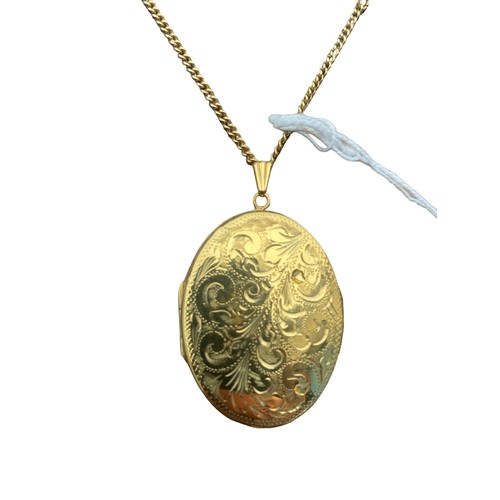 222 - A ROLLED GOLD OVAL LOCKET ON A ROLLED GOLD CHAIN